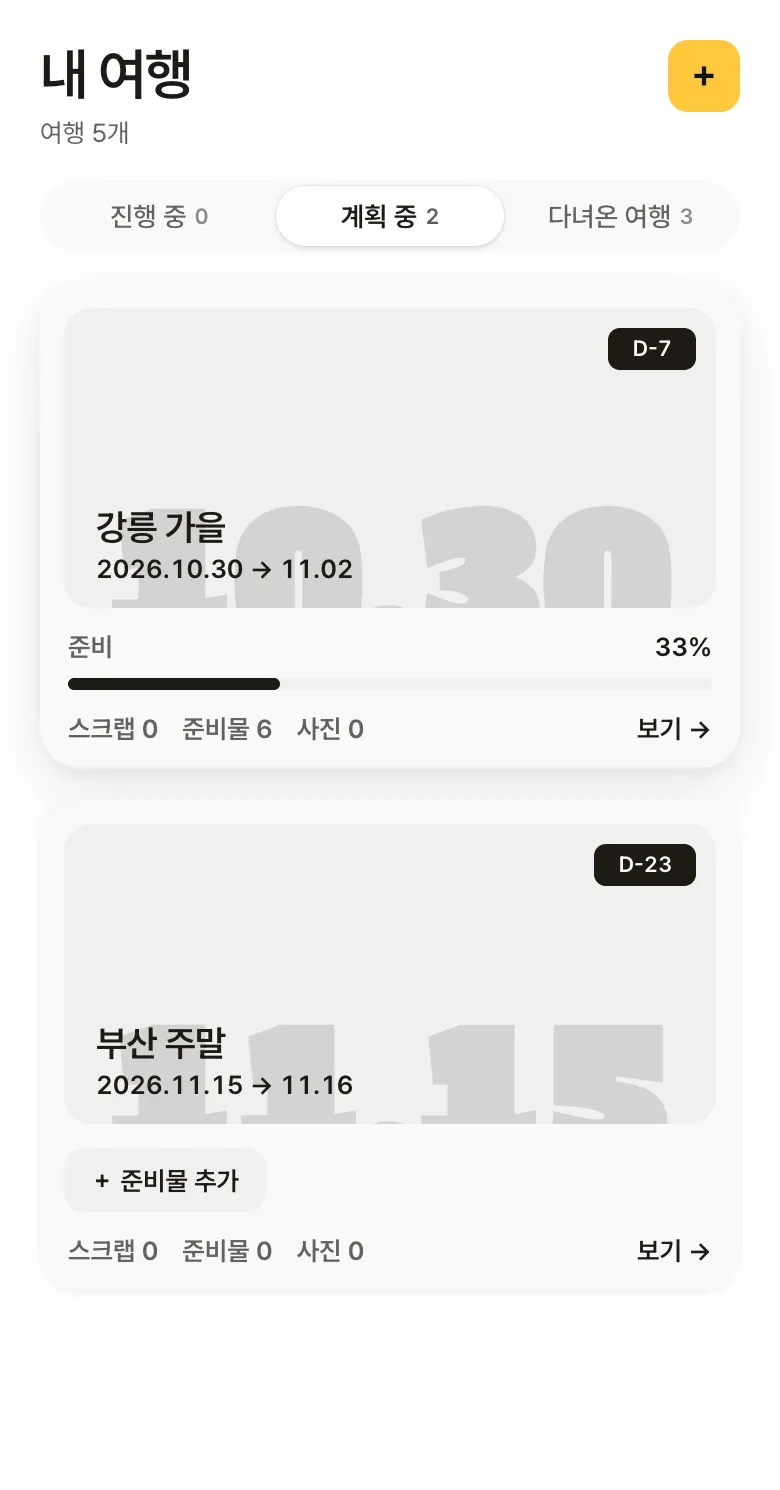데이클립 「내 여행」 화면: 계획 중인 여행 강릉 가을과 부산 주말